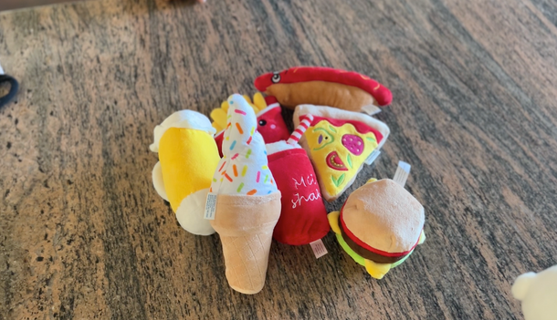 Product overview of dog toys shaped like food